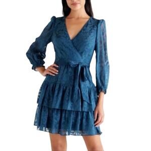 Eliza J Long Sleeve Tiered Ruffle Lace Mini Dress in Teal Blue/Green Size 14